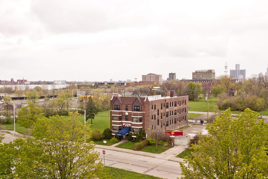 A view of a city from a high vantage point.