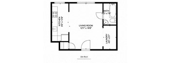 A black and white image of a floor plan for a small apartment.