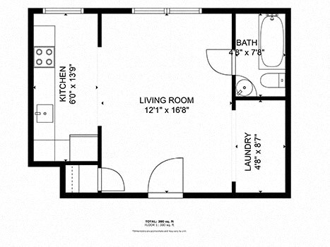 A black and white image of a floor plan for a small apartment.