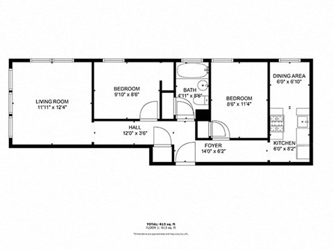 A black and white image of a floor plan for a 834 square feet home.