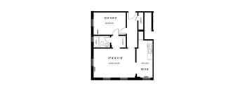 A black and white image of a floor plan for a house with a bedroom, living room, kitchen, and bathroom.
