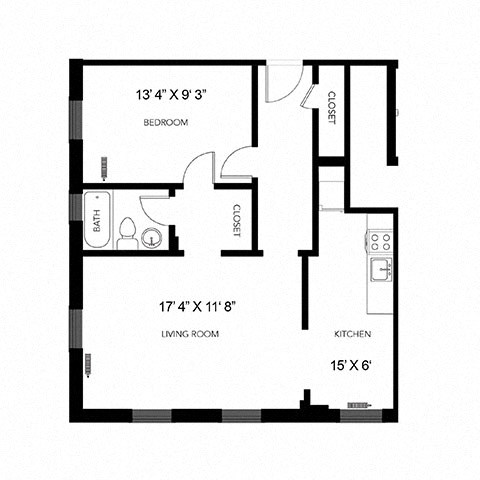 A black and white image of a floor plan for a house with a bedroom, living room, kitchen, and bathroom.