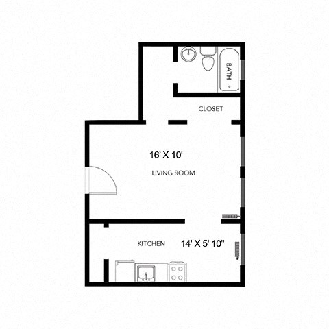 A floor plan of a small apartment with a living room, kitchen and closet.