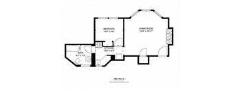 A black and white image of a floor plan for a home with a bedroom, living room, kitchen, and bath.