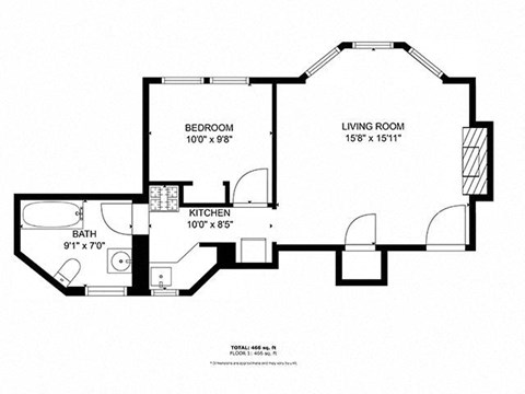 A black and white image of a floor plan for a home with a bedroom, living room, kitchen, and bath.