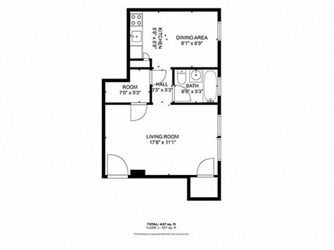A black and white image of a floor plan for a living space.