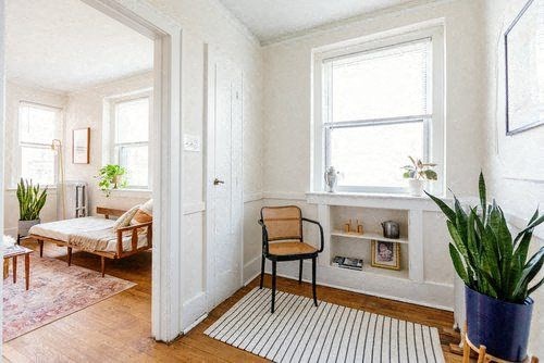 A room with a bed, a chair, and a potted plant.