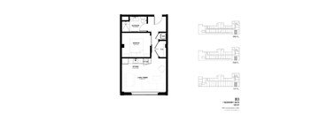 A black and white image of a floor plan for a 1 bedroom, 430 square foot apartment in Amsterdam.