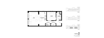A floor plan of a 1 bedroom, 400 square foot apartment in Amsterdam.