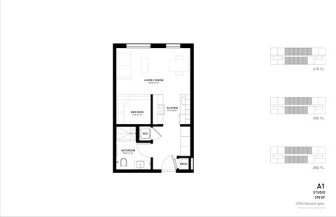A black and white image of a floor plan for a studio apartment.