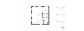 A black and white image of a floor plan for a 1 bedroom, 1 bathroom apartment.