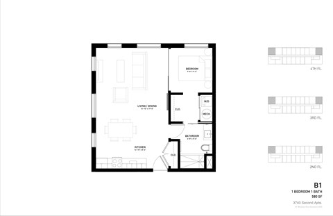 A black and white image of a floor plan for a 1 bedroom, 1 bathroom apartment.