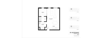 A floor plan of a 1 bedroom, 1 bathroom apartment with a section of the apartment shown in detail.