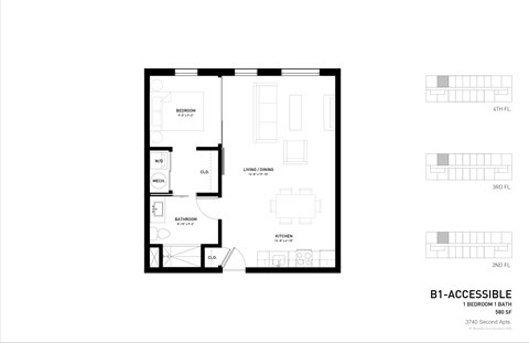 A floor plan of a 1 bedroom, 1 bathroom apartment with a section of the apartment shown in detail.