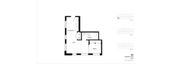 A black and white image of a floor plan for a one bedroom apartment.