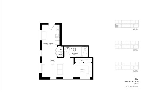 A black and white image of a floor plan for a one bedroom apartment.