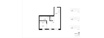A black and white image of a floor plan for a home with a kitchen, living room, and bathroom.