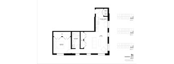 A black and white image of a floor plan for a 1 bedroom, 3 bathroom apartment.