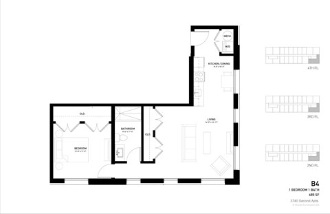 A black and white image of a floor plan for a 1 bedroom, 3 bathroom apartment.