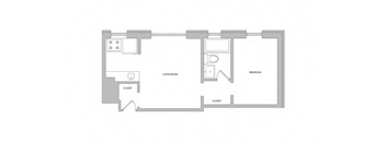 A floor plan of a small apartment with a living room, bedroom, and closet.