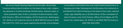 A flyer detailing the contact information for filing a discrimination complaint against an equal housing opportunity provider.