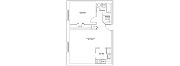A floor plan of a room with a bed, closet, full bath, living/dining area, and kitchen.