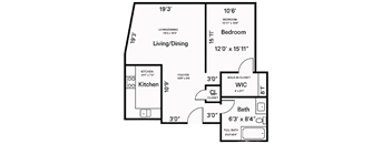 A black and white image of a floor plan for a home with a living/dining area, kitchen, bedroom, walk-in closet, and bathroom.
