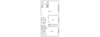 A floor plan of a small apartment with a living room, kitchen, two bedrooms and a walk-in closet.