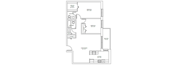 A floor plan of a house with a living area, two bedrooms, a full bath, a half bath, and a walk-in closet.