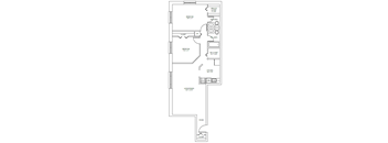 A floor plan of a house with a living room, two bedrooms, a kitchen, a bathroom, and a powder room.