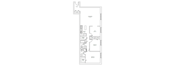 A floor plan of a house with a kitchen, living room, and bathrooms.