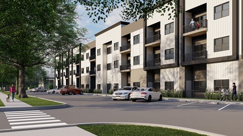 A street view of a residential area with cars and a pedestrian.
