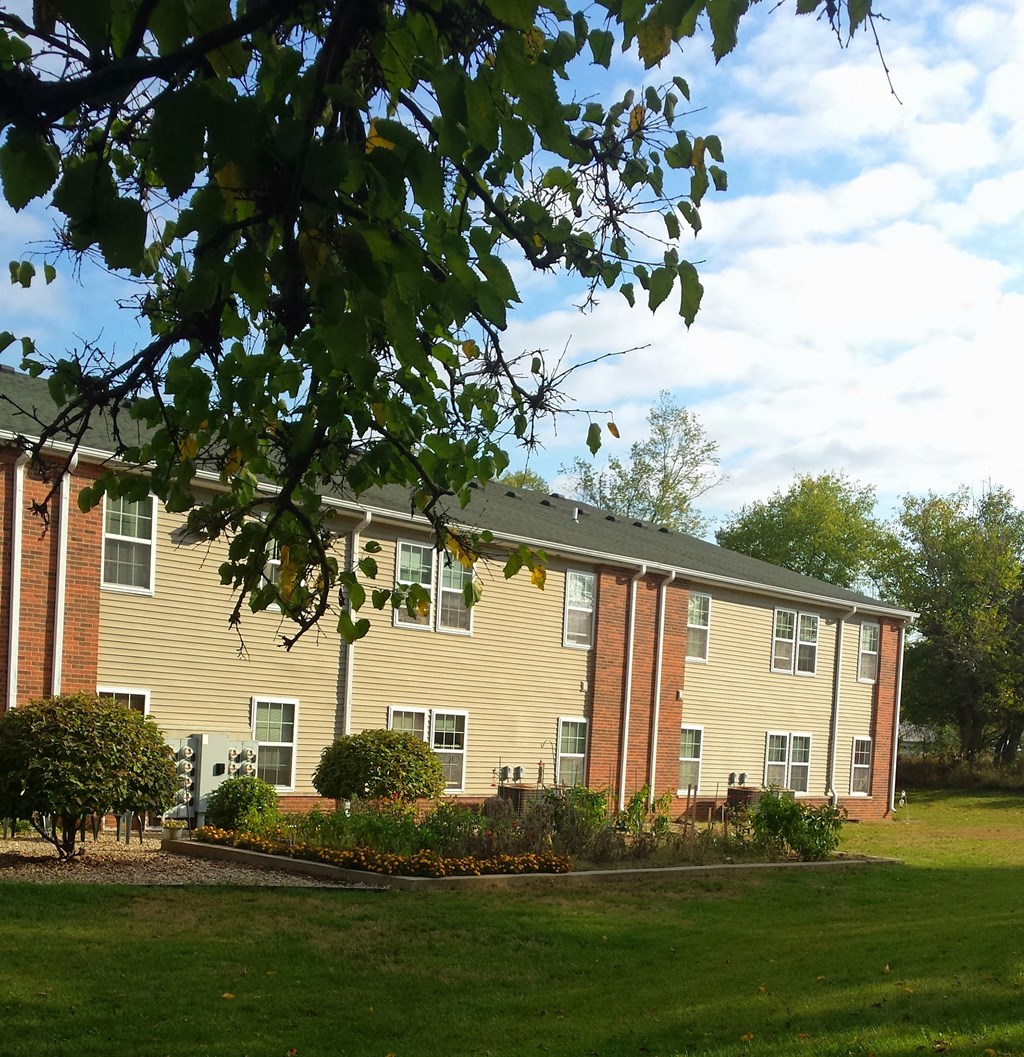 a yellow house with a green lawn and a tree