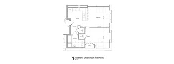 A floor plan of a one bedroom apartment on the first floor.