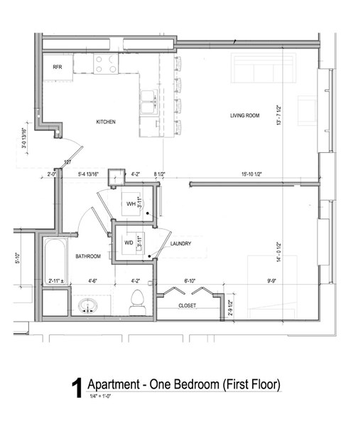 A floor plan of a one bedroom apartment on the first floor.