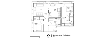 A black and white image of a Northwest Corner Two Bedroom apartment layout.