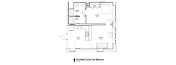 A drawing of a house plan with a bedroom labeled "Southeast Corner One Bedroom".