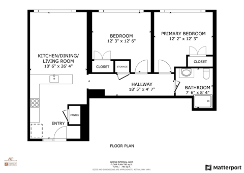 A floor plan of a home with a kitchen, living room, dining room, and two bedrooms.