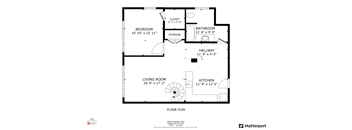A floor plan of a house with a living room, kitchen, bathroom, bedroom and storage space.