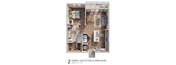 A 1 Bedroom Unit 10 Type A finish plan with a living room, bedroom, kitchen, and bathroom.