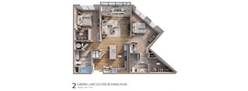 A 2 BDRM - UNIT 2.3 TYPE B' FINISH PLAN showing the layout of a 1/4"=1'-0" scale model.