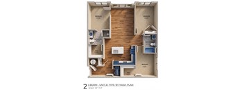A 3D floor plan of a 3 bedroom apartment.
