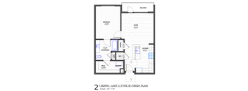 A floor plan of a 1 bedroom, 1 bathroom unit.