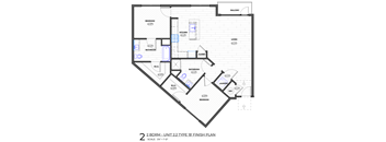 A floor plan of a 2 bedroom, 2 bathroom apartment with a balcony.