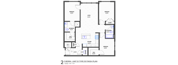 A floor plan of a 2 bedroom, 3 bathroom apartment.