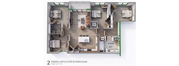A 3D floor plan of a 3 bedroom, 3 bathroom apartment.