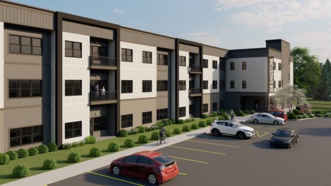 A rendering of a modern apartment complex with a parking lot in front.