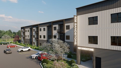 A rendering of a modern apartment complex named Sandstone.