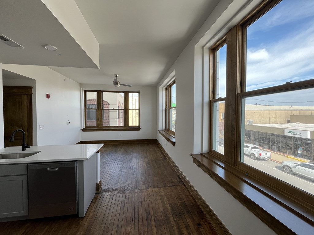 A kitchen with a dishwasher and a window overlooking a parking lot.