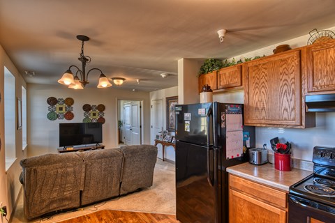 A kitchen with a black refrigerator and wooden cabinets.